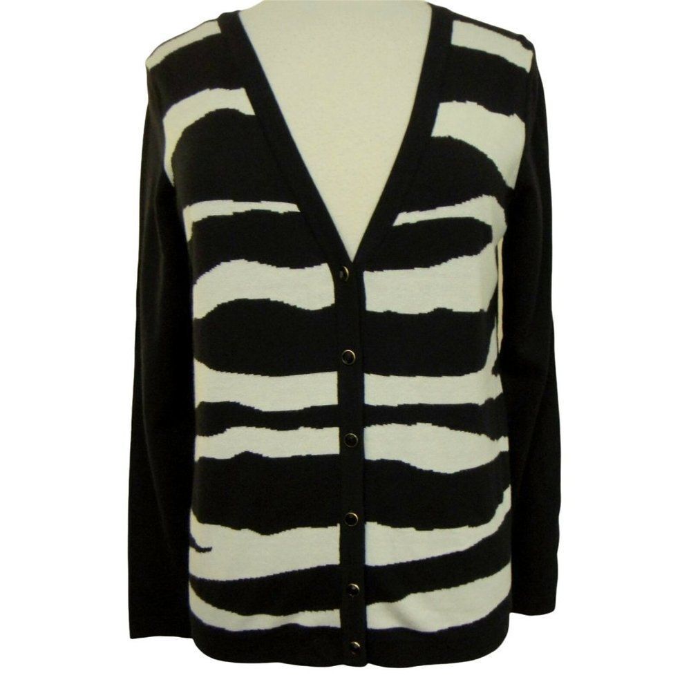 Jones NY Collection Zebra Print Wiggle Stripe Cardigan Sweater V-Neck Sz S NEW